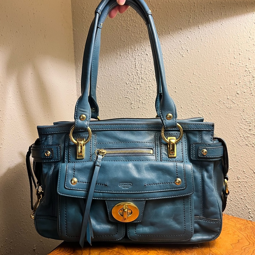 2008 Coach Hamptons Vintage Leather ‘Lindsay’ Satchel Handbag in Rare Petrol